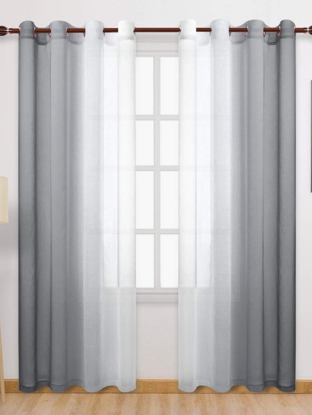 Grey Faux Linen Ombre Sheer Curtains - Semi Voile Gradient Grommet Top Curtains